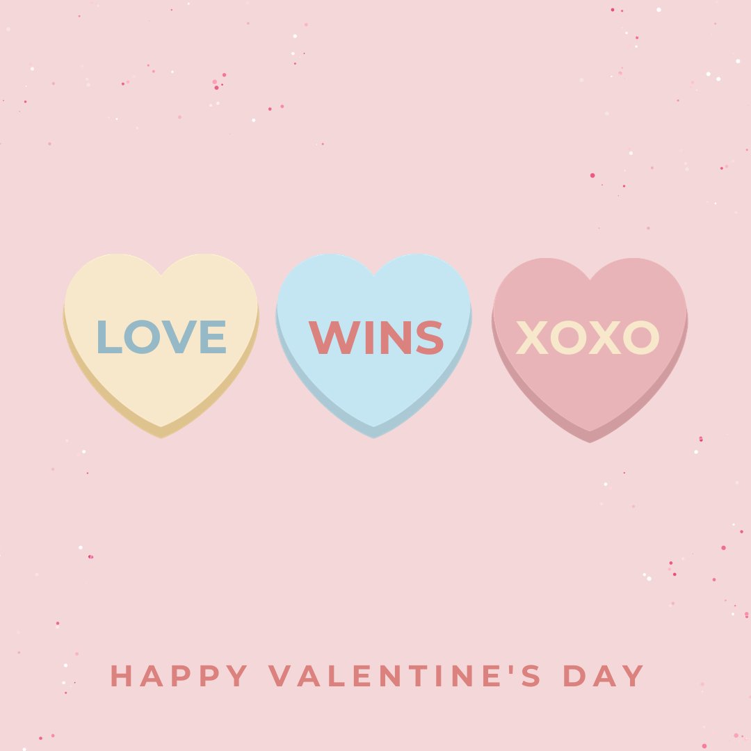 small hearts in three colors, yellow, blue and pink that says love wins xoxo